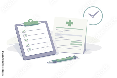 Healthcare checklist illustration with clipboard, medical form, pen and clock. Concept of medical appointment, diagnosis and patient record management.