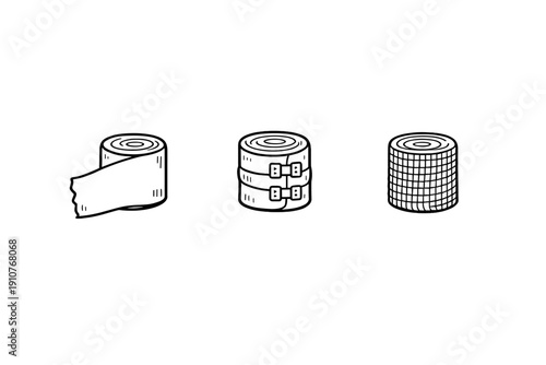 Medical bandage and elastic wrap line art set including adhesive tape, support brace and gauze roll. Simple healthcare outline illustrations isolated on light background.