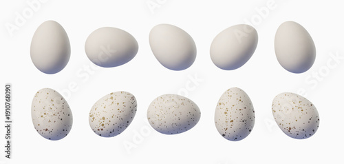 Set of realistic chicken white eggs and of Speckled eggs on white background. 3D vector illustration, perfect for Easter cards and modern breakfast design templates.
