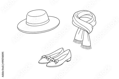 Minimal fashion accessories outline set with wide brim hat, cozy scarf and elegant flats, simple black line illustration isolated on white background.