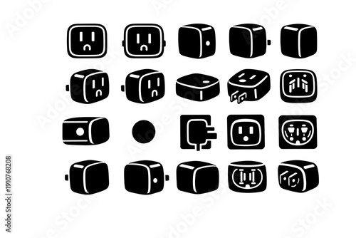 Black electrical outlet and plug icon set in solid silhouette style. Collection of power sockets, adapters and plugs in different views for UI and design use.