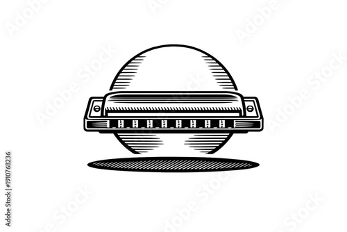 Minimalist black and white harmonica illustration with circular backdrop and soft shadow, clean line art style, isolated on white background, music instrument icon design.