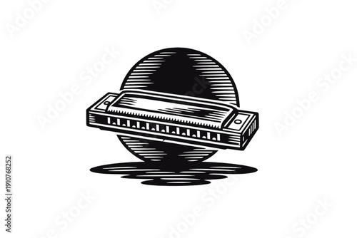 Vintage black and white harmonica illustration with retro engraving style and circular backdrop, classic music instrument artwork.