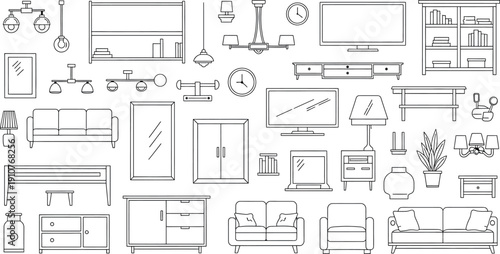 A collection of various furniture and home decor items isolated on transparent background