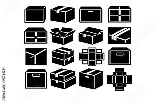 Set of black box packaging icons in flat vector style. Collection of shipping, gift and storage boxes in different views including open, closed and unfolded templates.