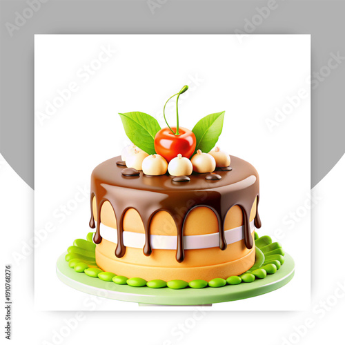Chocolate Drip Cake with Cherries – Premium Layered Dessert Vector Illustration, Sweet Bakery Celebration Cake Isolated on White Background,