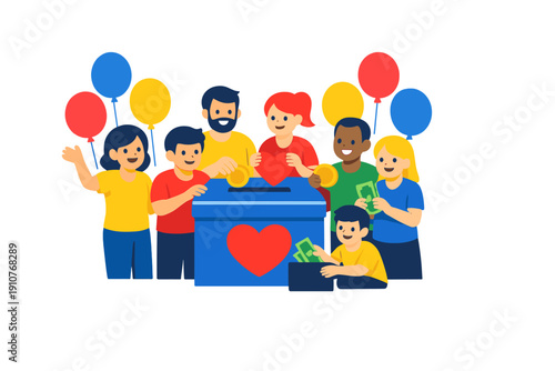 Flat illustration of diverse people donating money into charity box with heart symbol, community fundraising and volunteer concept design.
