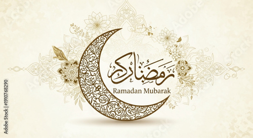 Ramadan mubarak greeting card with crescent moon and floral design in gold