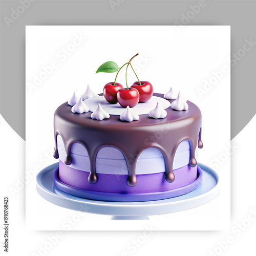 Chocolate Drip Cake with Cherries – Premium Layered Dessert Vector Illustration, Sweet Bakery Celebration Cake Isolated on White Background,