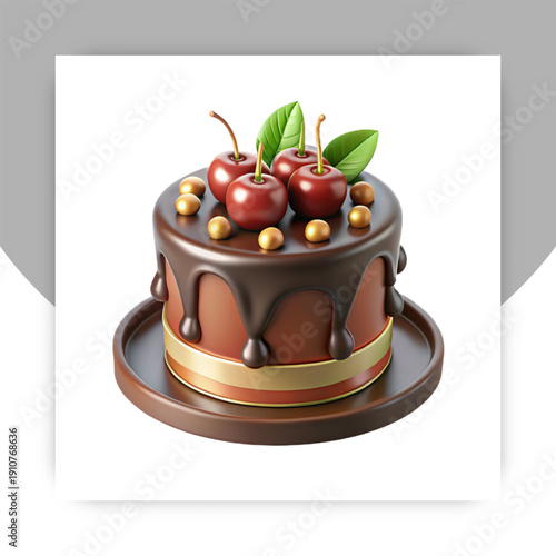 Chocolate Drip Cake with Cherries – Premium Layered Dessert Vector Illustration, Sweet Bakery Celebration Cake Isolated on White Background,