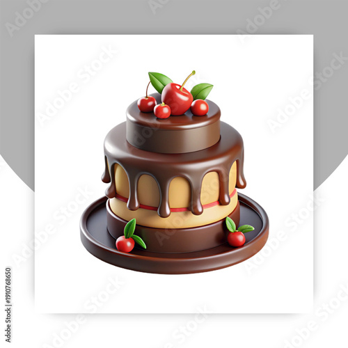 Chocolate Drip Cake with Cherries – Premium Layered Dessert Vector Illustration, Sweet Bakery Celebration Cake Isolated on White Background,