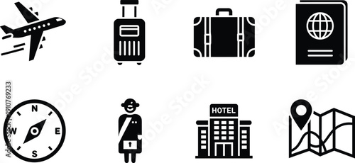 Black and white travel airplane luggage suitcase passport airplane, luggage, suitcase, passport, compass, flight attendant, hotel, map, travel, black and white, symbols, transportation, tourism, navig