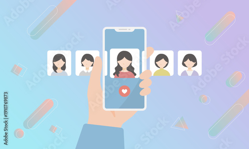 マッチングアプリ (出会い系サイト) で理想の女性を探すベクターイラスト。婚活。