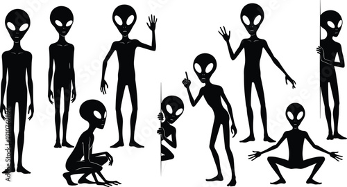 Alien, silhouettes, extraterrestrial, creatures, humanoid, sci-fi, fantasy, beings, standing, posing, isolated, black, collection, space, mystery, unknown, character, illustration, design, set
