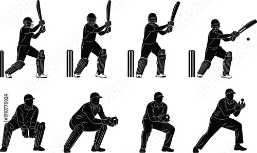 Cricket, player, silhouettes, batting, wicketkeeping, sports, action, poses, athlete, game, competition, equipment, bat, ball, stumps, isolated, black, collection, training, motion