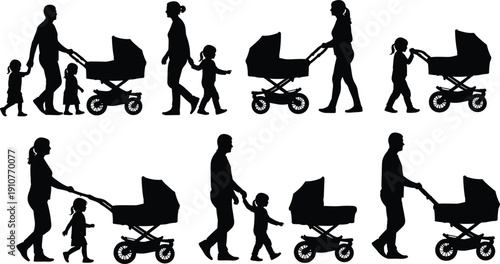 Family, silhouettes, parents, walking, with, baby, stroller, child, together, parenting, motherhood, fatherhood, care, love, childhood, people, isolated, black, collection, lifestyle
