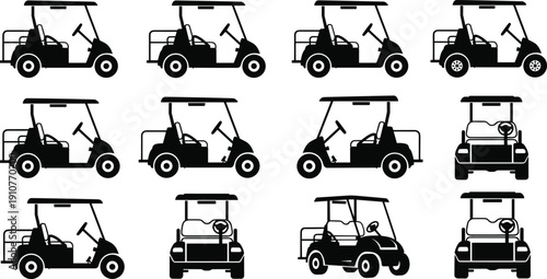 Golf, cart, silhouette, set, electric, vehicle, transportation, buggy, isolated, black, icons, side, front, rear, view, collection, transport, design, illustration, mobility