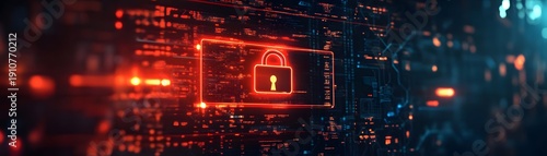 A futuristic digital interface showcasing a glowing red lock symbolizing cybersecurity and data protection. This high-tech background represents advanced technology and innovation.