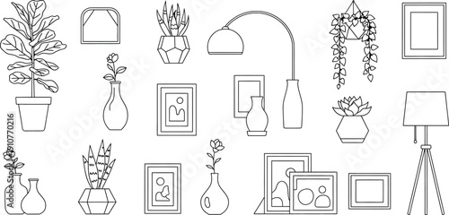Black and white line drawing of various plants and picture frames isolated on transparent background