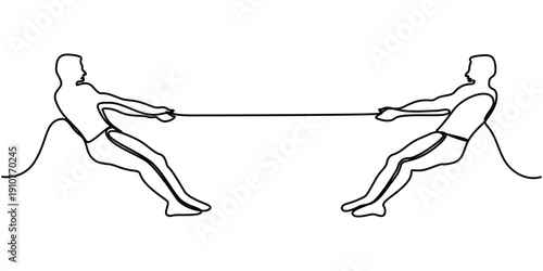 pulling rope continuous one line drawing, Continuous line draw design, outline vector illustration. 