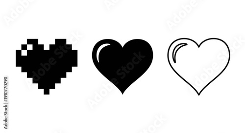 A pixel heart icon alongside solid and outlined heart symbols displayed together