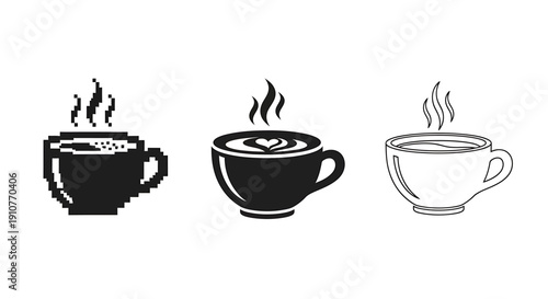 A high-resolution pixel art image of three coffee cups with steam rising from each cup
