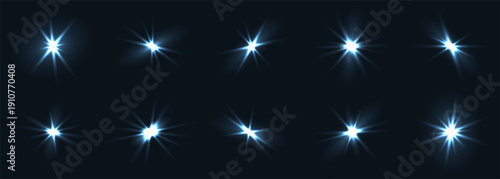 Blue starburst lights vector set, abstract background filled with glinting flares and subtle bokeh cinematic festive mood suited for holiday headers, event promos, and cosmic themed graphics.