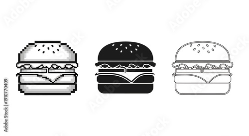 A high-resolution pixel art illustration of three burgers with distinct styles displayed side by side