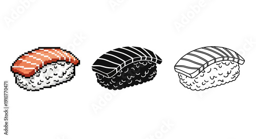 High-resolution pixel art illustration of sushi pieces on a white background from a straightforward viewpoint