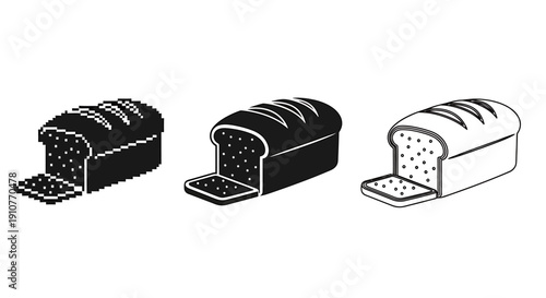 Detailed pixel art illustration of bread loaves with sliced portions displayed from different viewpoints