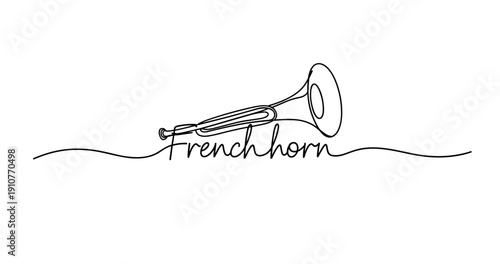 Continuous line drawing of a french horn on white background. No editable strokes