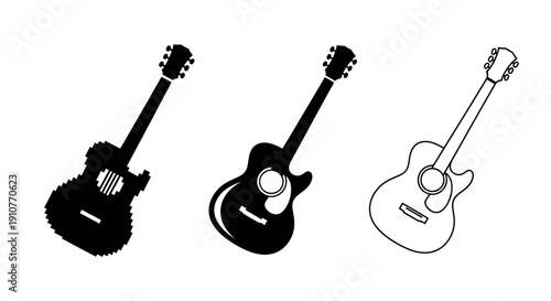 A pixel-perfect illustration of three guitars in different shading styles displayed together on a clean background from a straightforward viewpoint