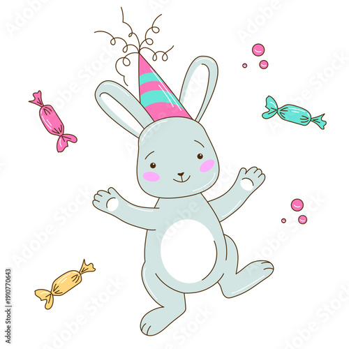 Birthday Rabbit Character. Vector Illustration of a Cute Hand Drawn Bunny with candies in a Party Hat.