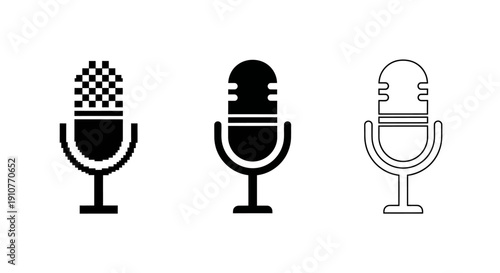 A high pixel density illustration of three microphones with different designs and styles, shown from a straightforward front view.