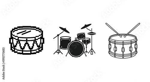 A pixel-perfect illustration of drums in a studio setting with drum set and drumsticks present