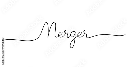Elegant handwritten script of the word merger in black on white background. No editable strokes