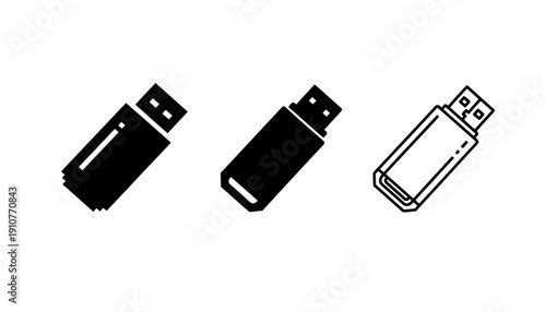 High pixel density illustration of USB drives in various states displayed together