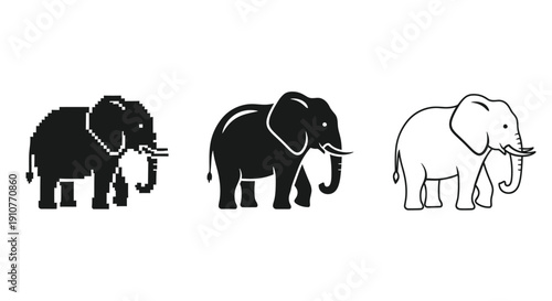 A high pixel density illustration of three elephants in different styles standing together