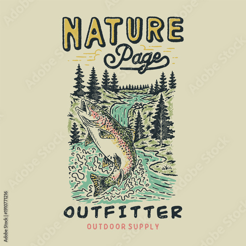 fish illustration river graphic waterfall design nature badge forest vintage landscape