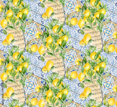 Beautiful seamless pattern in Sicilian style with hand drawn watercolor lemons and blue tiles. Stock illustration. 