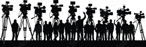 Media, cameras, crew, silhouettes, filming, production, broadcast, television, journalism, press, video, recording, studio, equipment, people, communication, news, reportage, isolated, collection