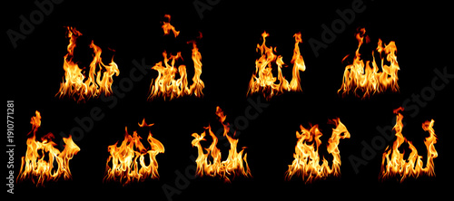Collection of realistic fire flames isolated on black background, high resolution blazing fire elements set, perfect for overlay design, heat effect, burning texture and dramatic graphic compositions.