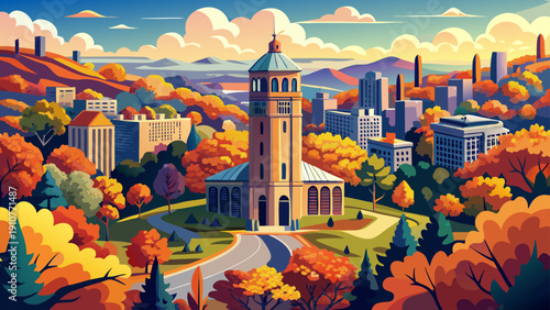 Very beautiful aerial autumn view of a historic memorial tower rising above colorful fall foliage in Ann Arbor’s vibrant cityscape.
