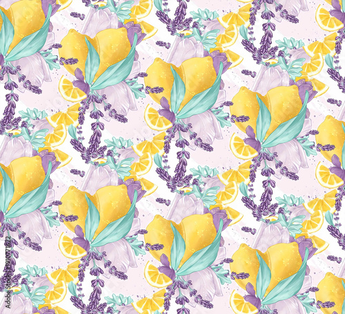 Beautiful seamless pattern in Sicilian style with hand drawn watercolor lemons and blue tiles. Stock illustration. 