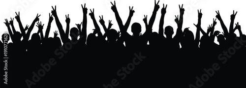 Silhouettes of a cheering crowd with raised arms and peace signs, symbolizing unity, enthusiasm, collective expression, and celebratory social gathering illustration