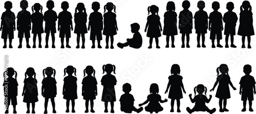 Silhouettes of a Large Group of Diverse Children Standing and Sitting in Two Rows Isolated on White Background for Education and Community Growth Concepts