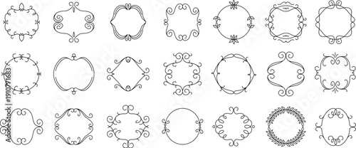 Billede på lærred Collection of ornate circular frames and border ornaments in black line, featuring symmetrical scrollwork designs for dividers, labels, or invitations arranged on white