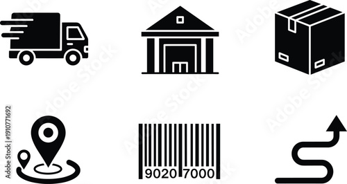 Black and white for delivery and shipping services delivery, shipping, truck, warehouse, package, location, barcode, navigation, logistics, transport, symbols, black and white, black, white, services,