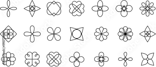 A geometric and floral line icons in black on white, featuring symmetric petal-like shapes, diamonds and loops, suitable as dividers or design elements. Vector illustration set