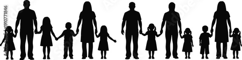 Silhouettes of four family groups with adults and children holding hands, symbolizing family unity, support, parenting, and social connection illustration